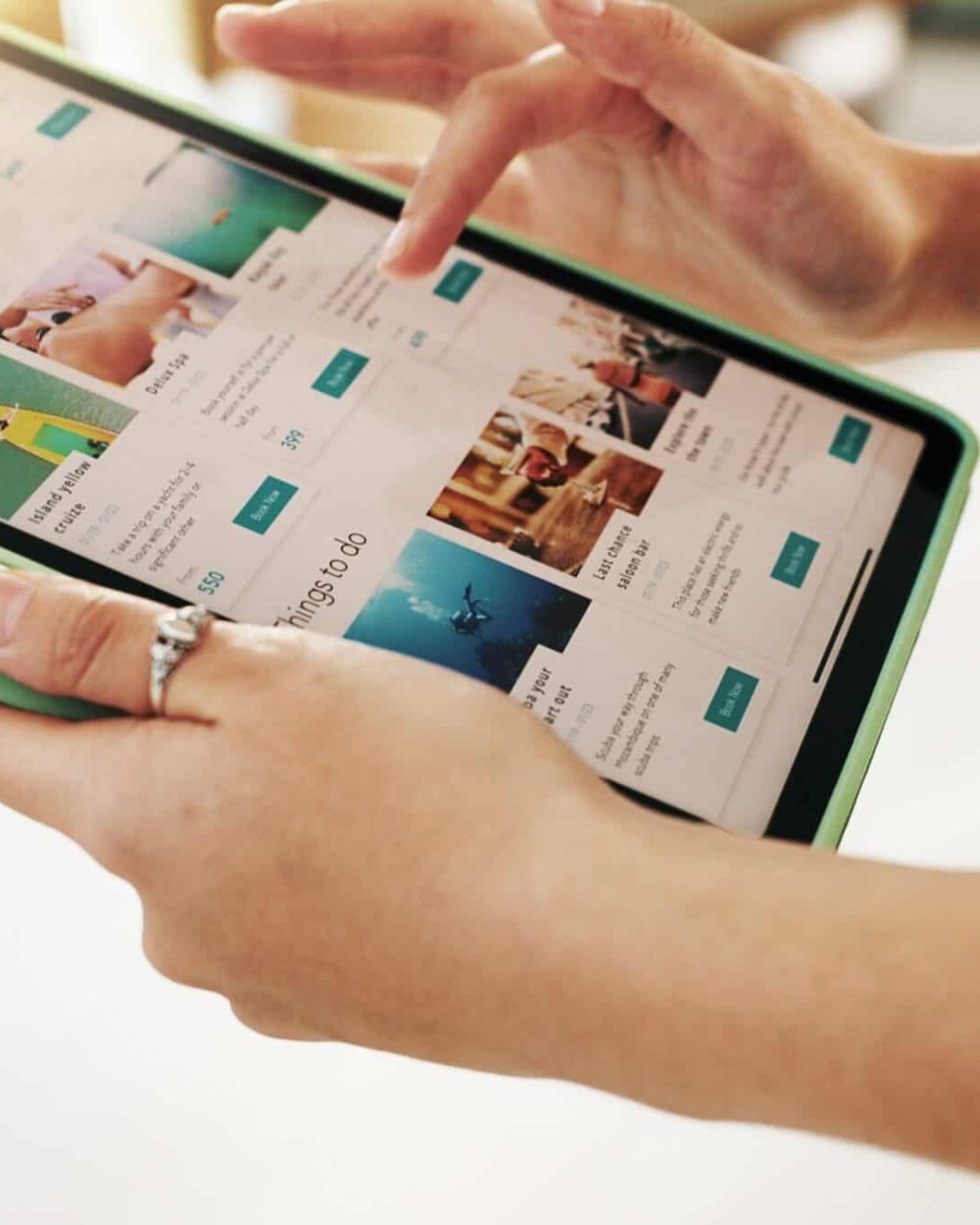 Hands,,Person,And,Tablet,Screen,With,Booking,On,Website,For